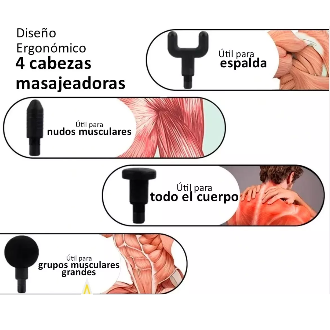 Mini pistola de masaje recargable con 4 cabezales