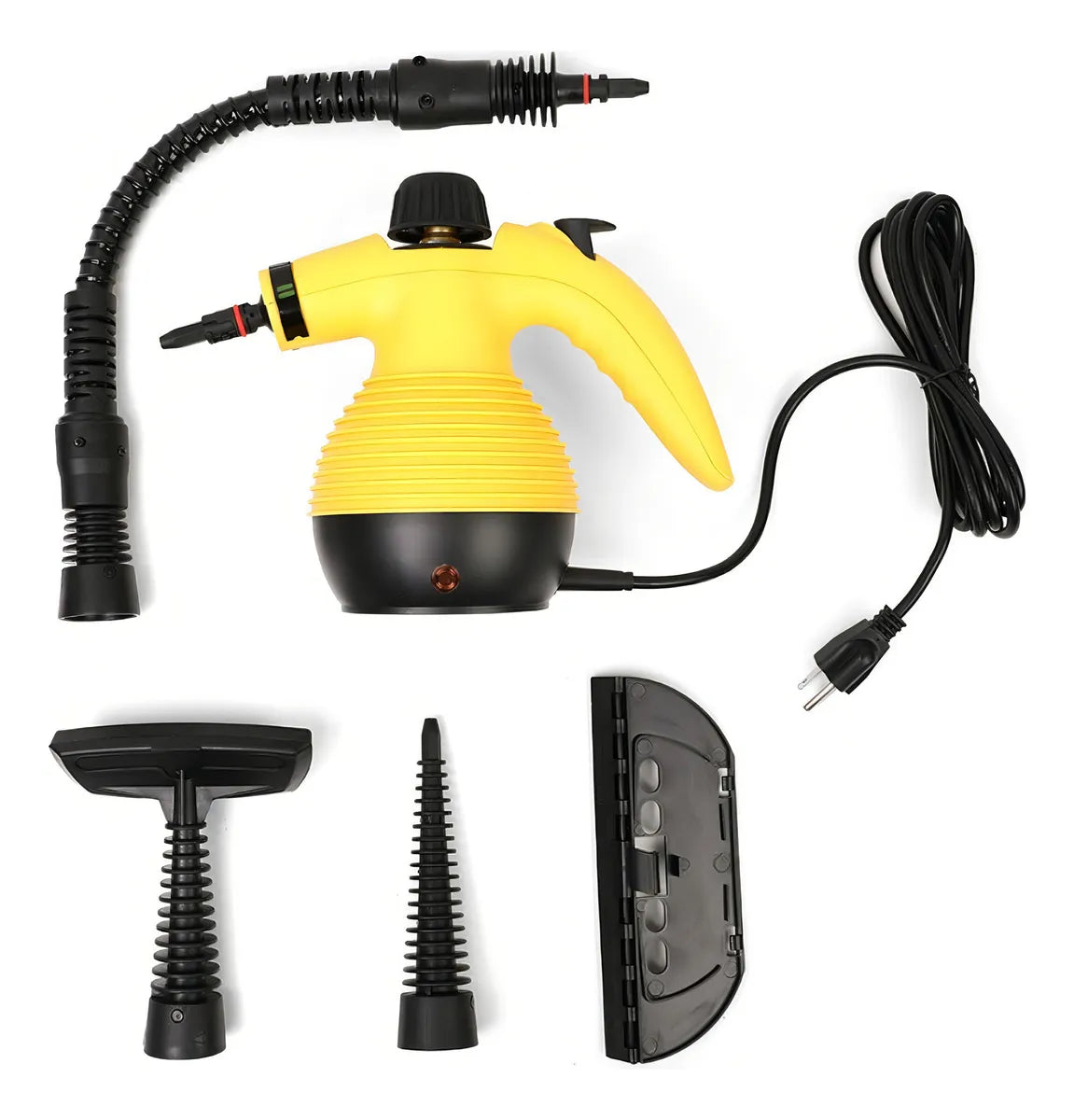 Limpiador a vapor amarillo y negro con manguera, boquillas y accesorios de limpieza