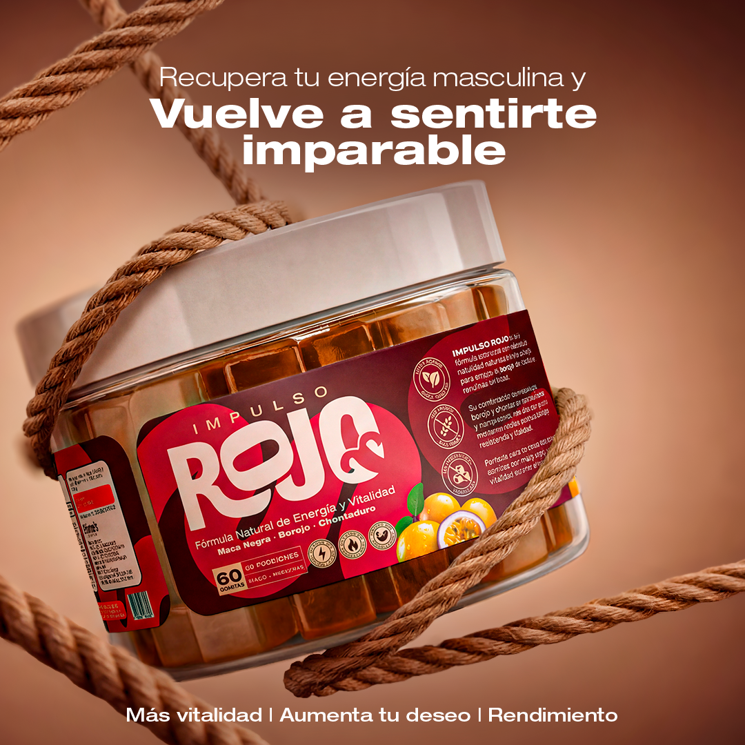 Frasco de Impulso Rojo, gomitas sabor maracuyá de 60 unidades