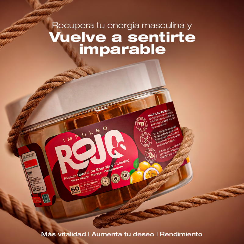 Frasco de Impulso Rojo, gomitas sabor maracuyá de 60 unidades